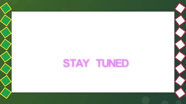 Stay Tuned announcement banner featuring a geometric diamond border on a clean white background graphic