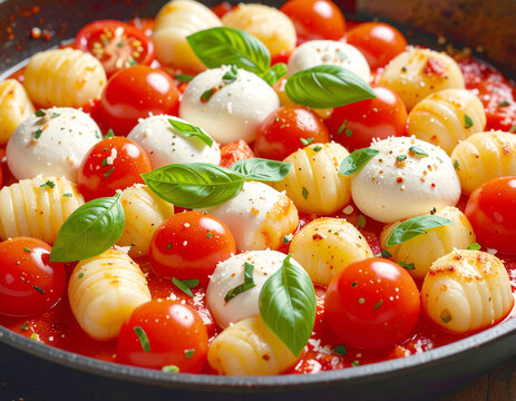 Caprese gnocchi, macro shot. AI