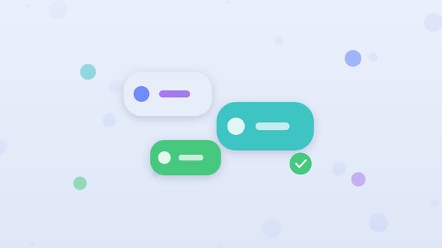 Flat design chatbot conversation with reply bubbles and checkmark