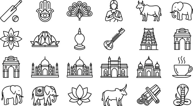 India travel and culture landmarks line icon set featuring Taj Mahal temple cricket elephant lotus hamsa namaste and gateway monuments on white background