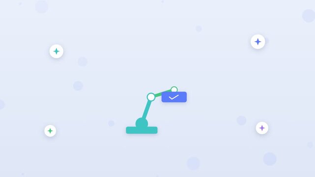 Flat design small robot assistant holding tablet with AI spark icons