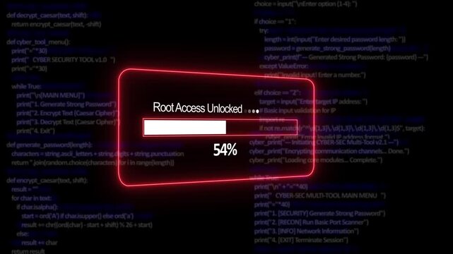 Teal root access upload Progress Progress Bar on a Background of Computer Code loading programming. 4K Secure root access upload Motion Video
