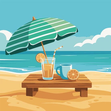 Summer beach drinks vector illustration under striped green umbrella.
