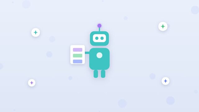 Flat design robot assistant presenting a clean data chart on tablet