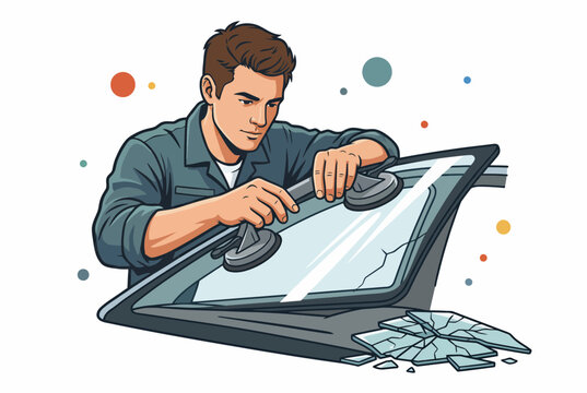Professional Mechanic Replacing Cracked Car Windshield Vector