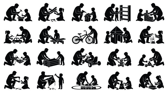 Father and child building and crafting toys together silhouette collection on transparent.
