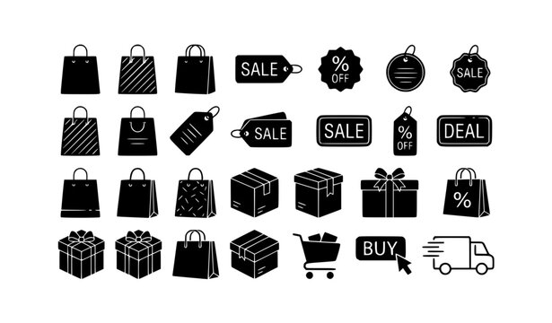 Shopping bag and price tag line art icons black and white vector