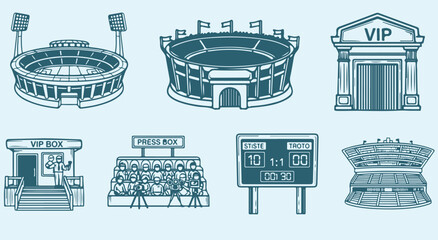 Soccer stadium icons set with arena vip entrance ticket booth scoreboard and fans hand drawn vector illustration art design collection for football venue match day infrastructure © Afiya bano