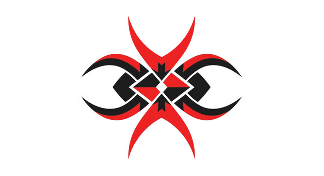 Symmetrical red and black tribal emblem on white background.
