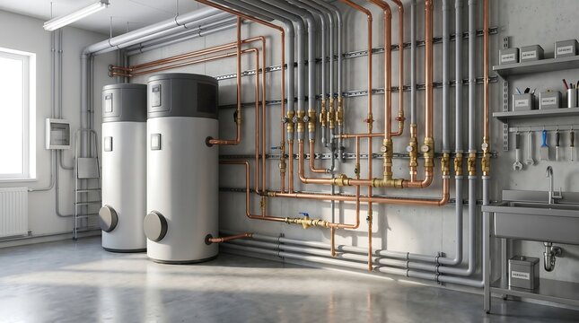Industrial hot water heating system setup with large metal boilers and copper piping installed in modern plant utility room showing advanced mechanical infrastructure.