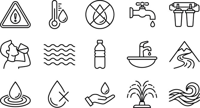 Water purification and consumption line icon set featuring filters taps drinking water safety and conservation vectors