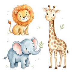 Fototapeta premium Cute cartoon lion, elephant and giraffe together