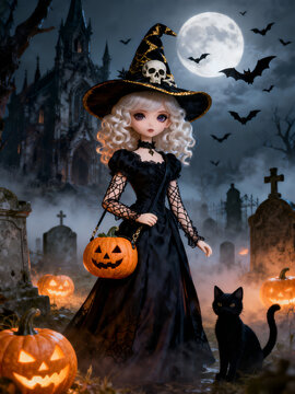 Vertical composition of a beautiful witch doll in gothic dress holding pumpkin lantern in spooky graveyard perfect for mobile wallpaper and halloween stories.