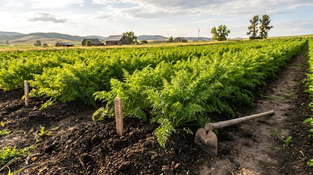 Vibrant carrot field with lush green foliage stretching toward rustic wooden farm buildings under scenic sky featuring gardening hoe in foreground soil during day.