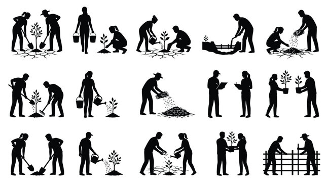 People silhouette collection for desertification day environmental conservation efforts set.