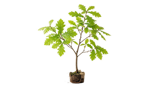 Young oak tree sapling with green leaves and root ball, small oak plant for reforestation, fresh seedling for gardening and environmental growth isolated PNG with Transparent Background