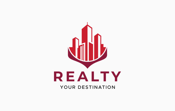 Commercial real estate logo template featuring city skyscrapers inside an abstract shield badge for corporate property investment and metropolitan development