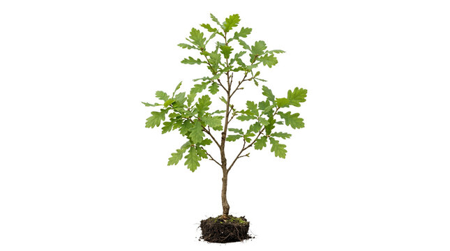 Young oak tree sapling with green leaves and soil roots, small oak plant for gardening and reforestation, fresh seedling for environmental growth isolated PNG with Transparent Background