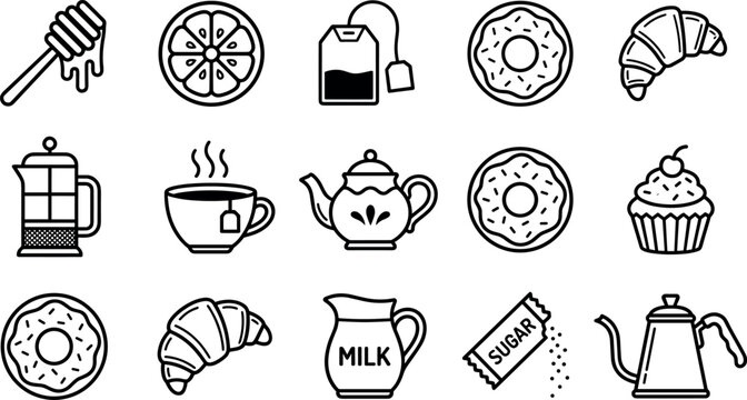 Cafe breakfast and afternoon tea line icon set featuring sweet donuts croissants teapots honey dipper milk pitcher and pastry desserts isolated on white background