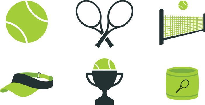 Tennis sport icon set with green ball crossed rackets net sun visor cap trophy and wristband vector flat elements