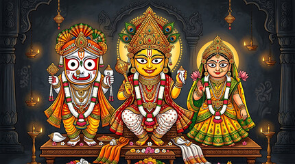Obraz premium Divine deities of jagannath, balabhadra, and subhadra in traditional indian temple art