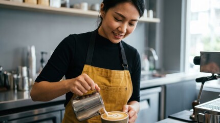 Fototapeta premium Barista pouring milk into coffee cup, creating latte art in a cafe setting.
