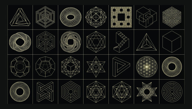 Grid of 24 abstract geometric line art icons and complex optical illusions with sacred geometry mind bending geometric illusion abstract mathematical structure symmetry futuristic