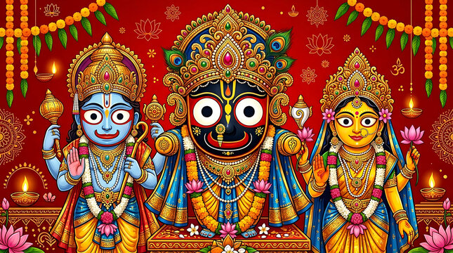 Divine deities lord jagannath, balabhadra, and goddess subhadra in traditional indian art style