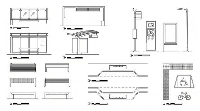 Bus Stop Architectural Elements Collection CAD Urban Transport Infrastructure Plan Elevation View Shelter Bench Signage Vector Set