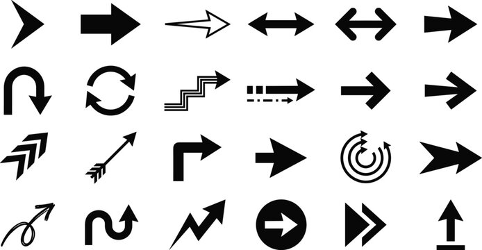 Black arrow vector icon set with straight curved chevron upload loop reset cycle pointer and direction web interface indicators