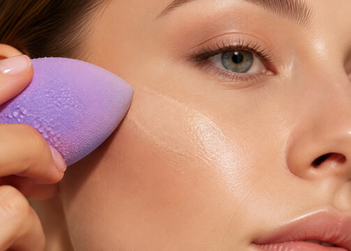 Woman applying liquid foundation with purple makeup sponge on cheek. Close up of facial skin with cosmetic product. Beauty routine and skincare application technique for flawless look.