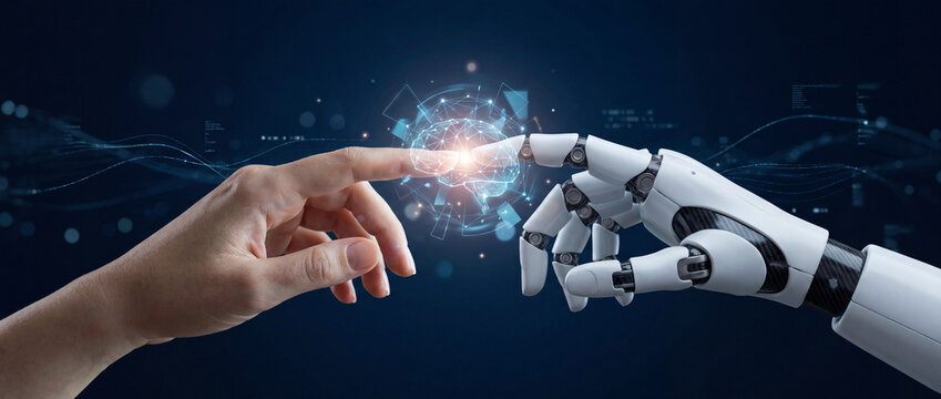 Human finger touching a glowing digital brain network with a robotic hand, symbolizing AI integration, future technology, and human-machine connection against a dark blue background