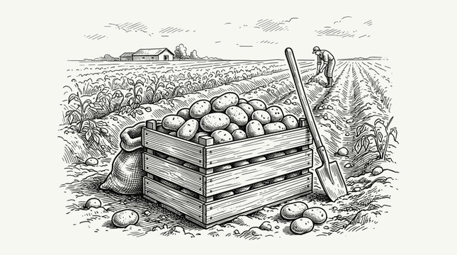 Potato harvest agriculture concept. Wooden crate full of raw potatoes, shovel and burlap sack in foreground. Farmer digging soil in field in background. Vintage engraving hand drawn sketch illustratio