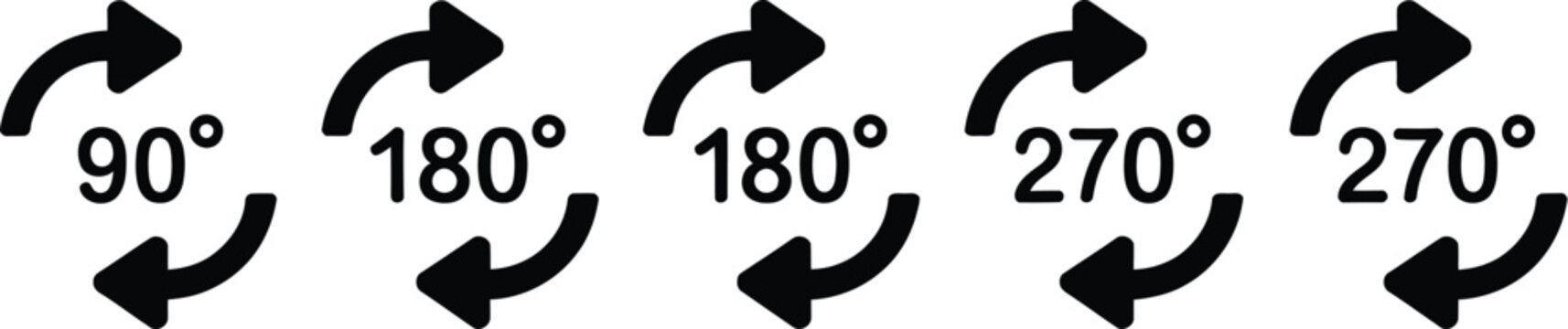 Vector rotation arrow icon set showing degrees ninety one hundred eighty two hundred seventy angle loop rotation isolated on white.