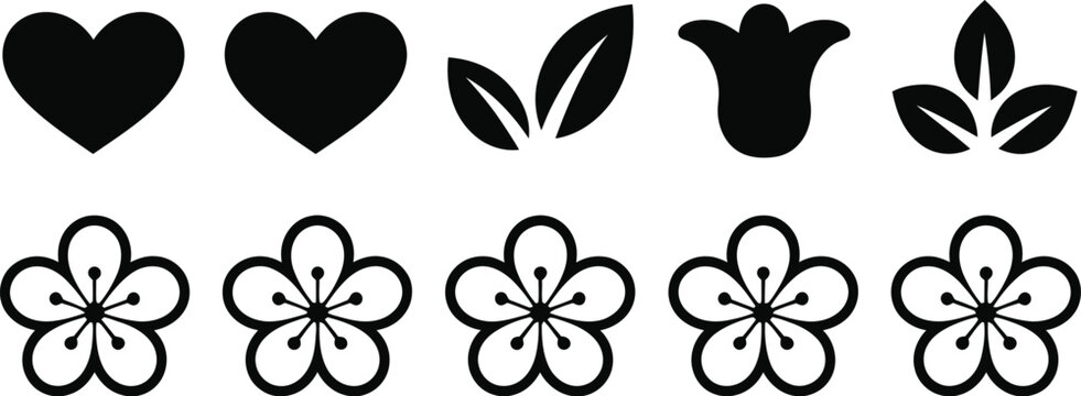 Floral vector icon set with black silhouettes of hearts leaves tulip bud and five petal cherry blossom outline flowers isolated.