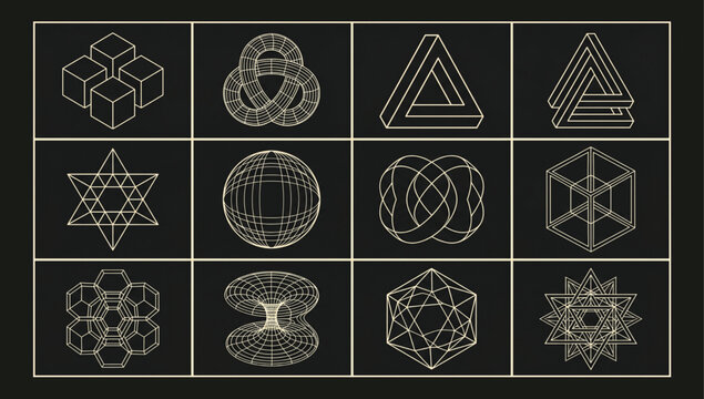 Set of 12 isometric geometric line art icons and abstract optical illusions with sacred geometry mind bending geometric isometric illusion abstract mathematical structure minimalist