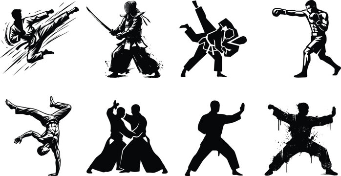 Black and white martial arts silhouette vector set featuring karate, judo, boxing, and kendo fighter poses