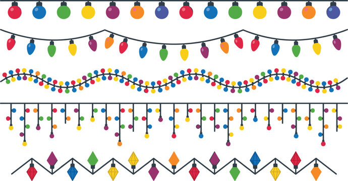 Christmas lights garland vector brush set with colorful festive hanging bulbs fairy string lights decoration for holiday party