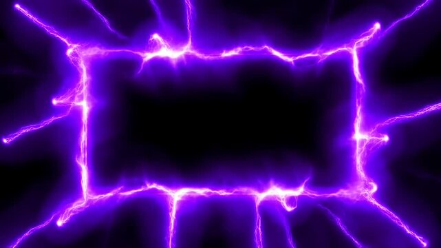 Slow motion pulsing electric rectangle forming and crackling frame in dark void with purple lightning arcs and glowing neon border
