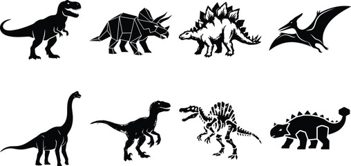 Black Silhouette Icons of Dinosaurs Including Tyrannosaurus, Triceratops, Stegosaurus, Pteranodon, and Other Prehistoric Species © MstMahurun