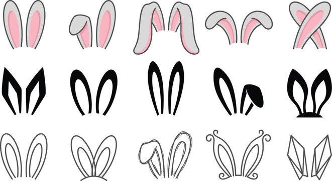 Cute rabbit ears vector icon set with easter bunny ears headband silhouettes line art and geometric styles