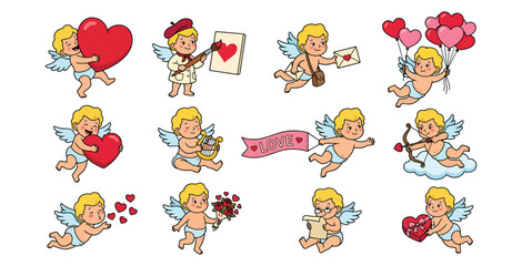 Fototapeta premium Set of cute cupid characters in various poses with valentine's day symbols.