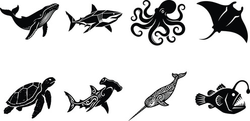 Black Silhouette Icons of Marine Animals Including Whale, Shark, Octopus, Turtle, Narwhal, and Anglerfish © MstMahurun