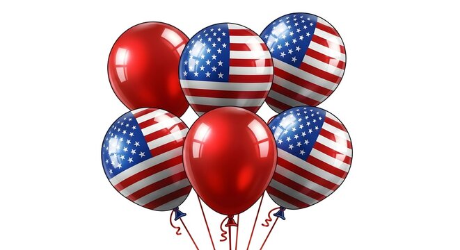 Patriotic celebration group of american flag and red balloons on white background