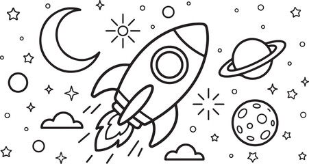 Space exploration line art rocket planets moon and stars illustration isolated on transparent background © Mansura