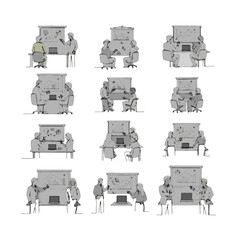 Obraz premium Office workers at desks in various positions.