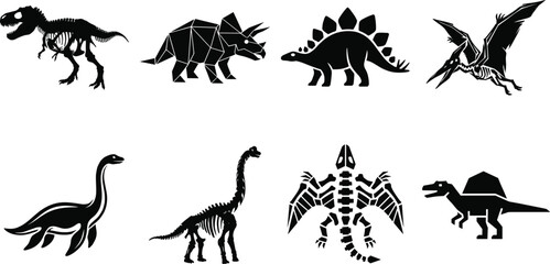 Dinosaur silhouette and skeleton vector set featuring tyrannosaurus triceratops stegosaurus and pterodactyl icons © MstMahurun