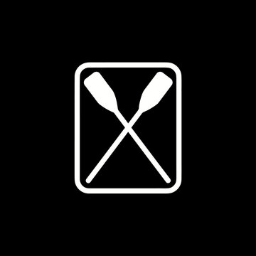 White icon of crossed oars in a square on dark background
