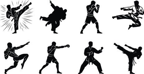 Martial arts silhouette icon set with fighters practicing karate taekwondo judo boxing and kickboxing moves © MstMahurun