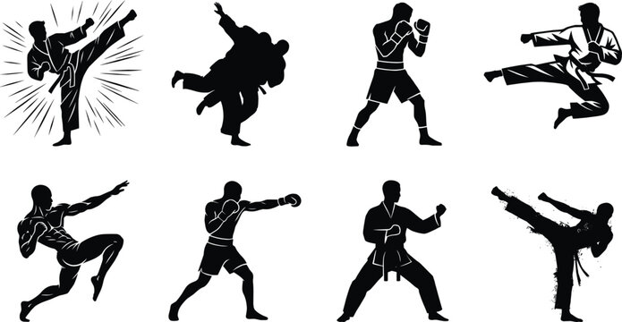 Martial arts silhouette icon set with fighters practicing karate taekwondo judo boxing and kickboxing moves